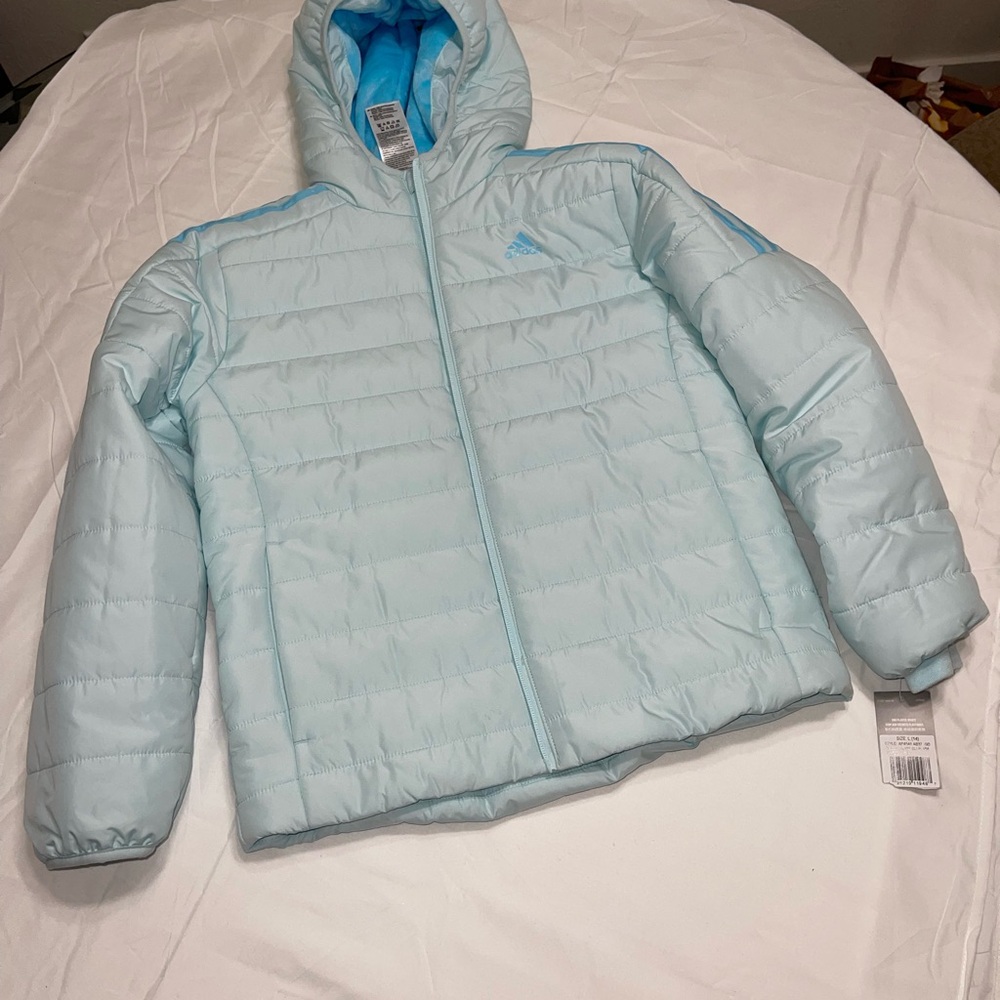 Adidas Light Blue Puffer Jacket Girls youth hooded full zip size L #ADIDAS